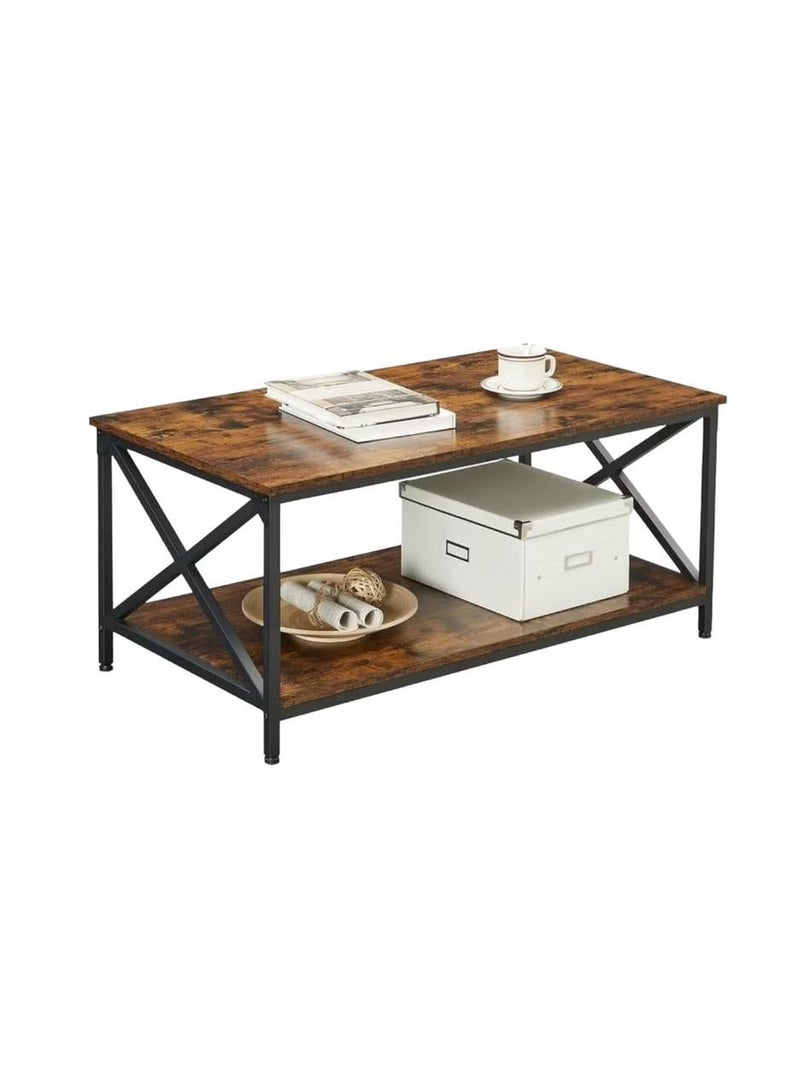 إكسبرت طاولة قهوة ، طاولة غرفة المعيشة ، مع إطار فولاذي على شكل X ورف تخزين ، 100x55x45 سم ، نمط صناعي ، بني ريفي - Image 2